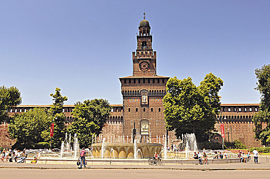 喷泉,正面,入口,斯福尔扎城堡,米兰,伦巴第,意大利