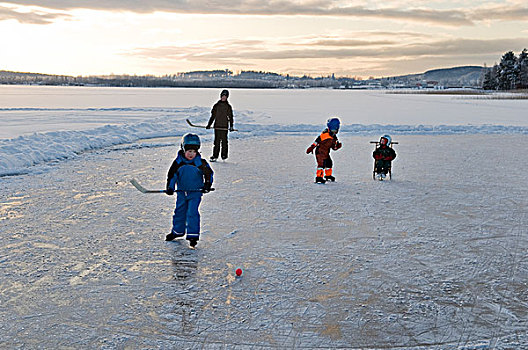 孩子,玩,冰球,冰湖