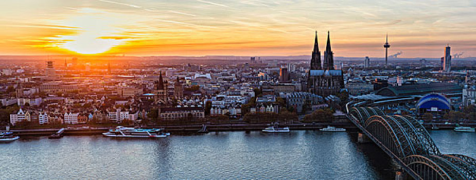 俯视图,霍亨索伦,铁路,桥,俯视,莱茵河,科隆大教堂,日落,北莱茵威斯特伐利亚,德国