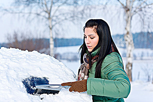 冬天,汽车,女人,雪,挡风玻璃,刷