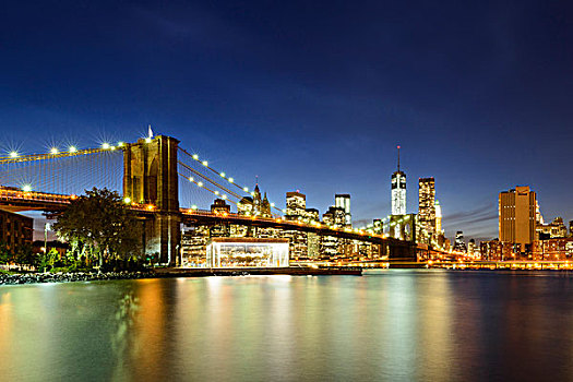 市区,曼哈顿,天际线,布鲁克林大桥,自由,塔,夜晚,纽约,美国
