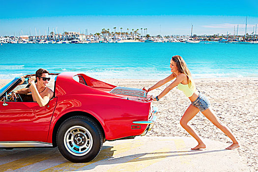 女孩,推,破损,汽车,加利福尼亚,海滩,有趣,人,照片