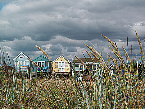 海滩小屋,草,芦苇,海滩,英格兰