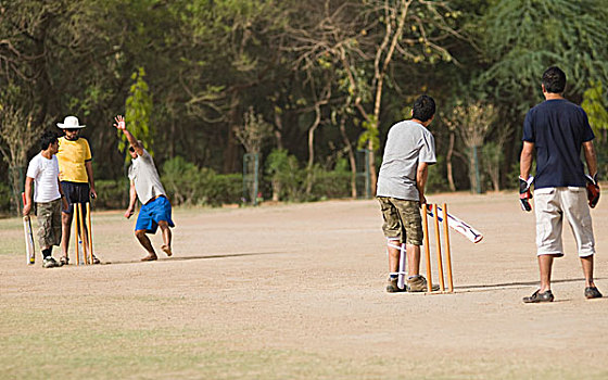 男孩,玩,板球,操场,新德里,印度