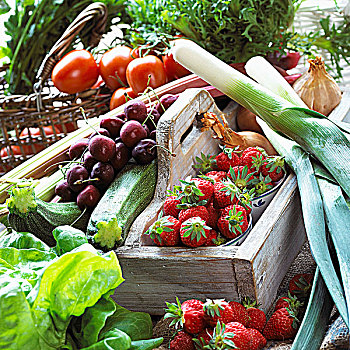 夏季水果,蔬菜,板条箱,篮子