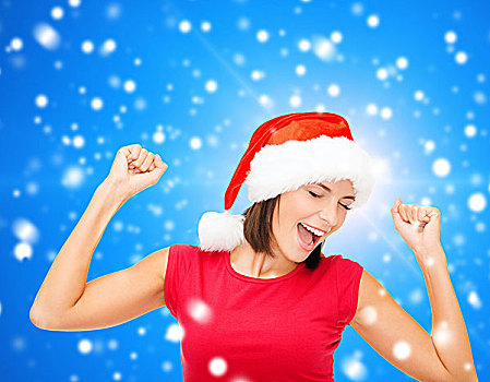圣诞节,冬天,休假,高兴,人,概念,微笑,女人,圣诞老人,帽子,留白,红色,衬衫,上方,蓝色,雪,背景