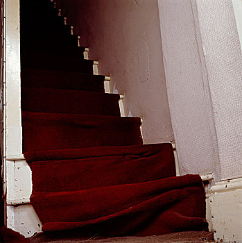 楼梯,看,仰视,向上,老,暗色,红色,地毯,白色墙壁,室内,房子
