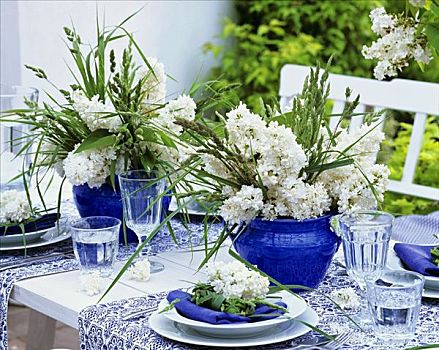 蓝色,白色,桌饰,丁香,草