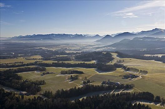 航拍,气球,飞行,山谷,阿尔卑斯山,上巴伐利亚,巴伐利亚,德国