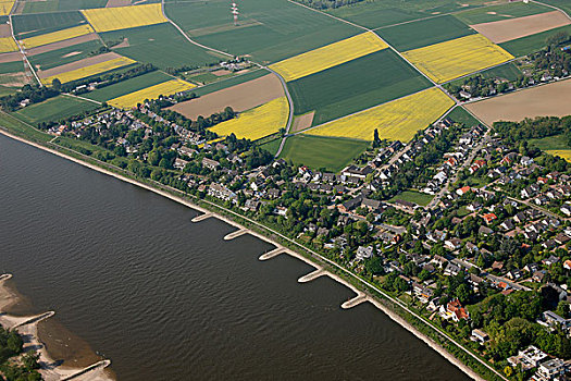 航拍,莱茵河,岸边,杜塞尔多夫,莱茵兰,北莱茵威斯特伐利亚,德国,欧洲