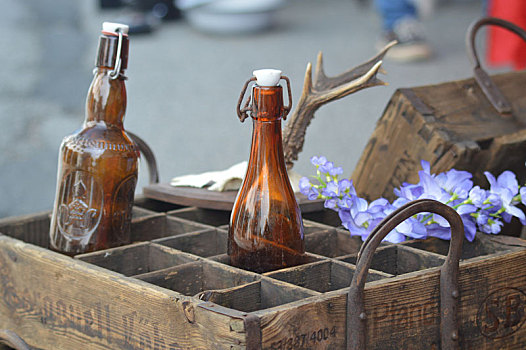 老,啤酒,盒子,木头,瓶子,花