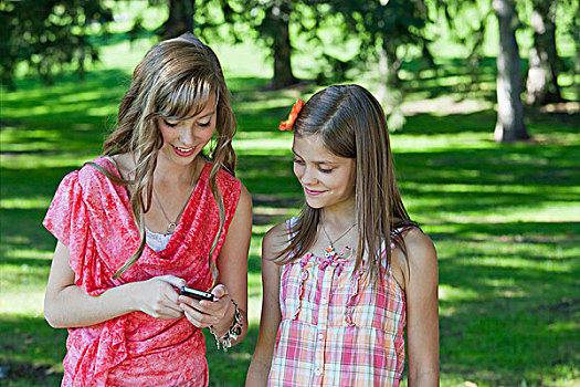两个,姐妹,一起,公园,看,手机,艾伯塔省,加拿大