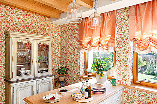 早餐吧,厨房,花,壁纸,杏,百叶窗,窗户