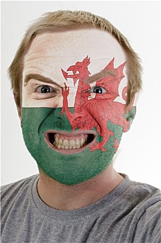 脸,疯狂,愤怒,男人,涂绘,彩色,威尔士,旗帜