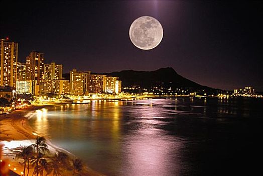夏威夷,瓦胡岛,钻石海岬,怀基基海滩,满月,反射,城市灯光