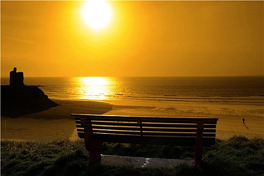 长椅,金色,日落,风景