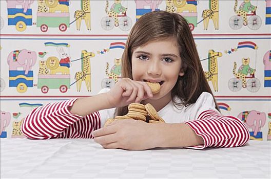 一个,女孩,肖像,吃,饼干