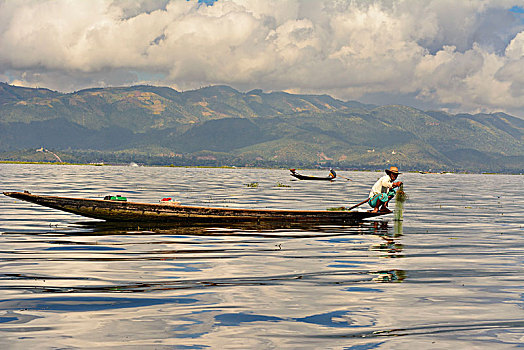 渔民,茵莱湖,渔网,腿,划船,风格,人,掸邦,缅甸