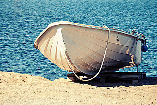 白色,划桨船,站立,沙,海岸,旧式,照片,滤镜效果