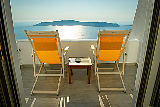 折叠躺椅,露台,风景,海洋,锡拉岛,希腊