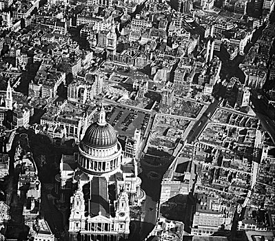 圣保罗大教堂,伦敦,航拍,照片,十月,大教堂,安静,荒废,爆炸,第二次世界大战,街道,楼宇,毁坏