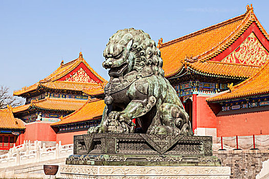 青铜,雌狮,保护,东方,靠近,大门,和谐,故宫,北京,中国,亚洲