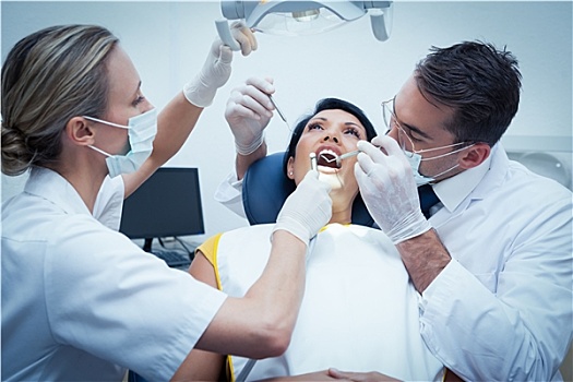 牙医,协助,检查,牙齿