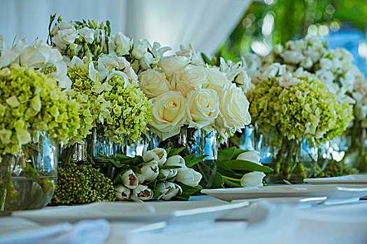 玻璃花瓶,多样,花,婚礼,餐桌