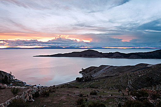 日落,上方,提提卡卡湖,靠近,玻利维亚,南美