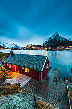 红房,冬天,风景,峡湾,渔村,瑞恩,罗弗敦群岛,挪威,欧洲
