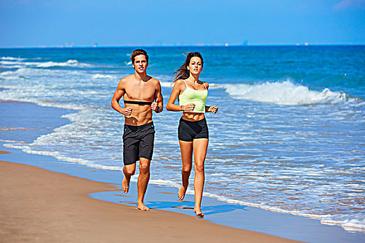 情侣,年轻,跑,海滩,暑假