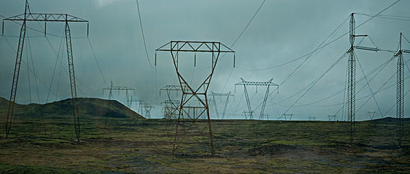 排,电力,高压电塔,草,山坡,雷克雅未克,冰岛