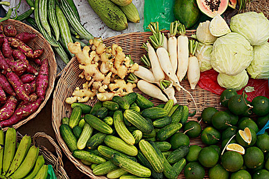 篮子,不同,果蔬,售出,街边市场,收获,柬埔寨