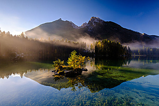 湖,晨雾,后面,高,寒冷,国家公园,拉姆绍,上巴伐利亚,巴伐利亚,德国,欧洲