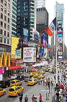 城市,交通,高层建筑,鲜明,霓虹,广告标识,黄色,出租车,交叉,百老汇,第7大道,时代广场,市中心,曼哈顿,纽约,美国,北美