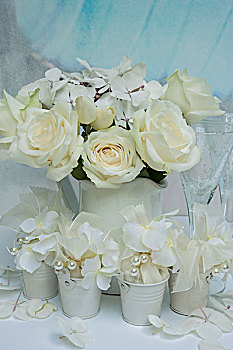 婚礼,花,八仙花属,玫瑰,白色,罐,葡萄酒,玻璃