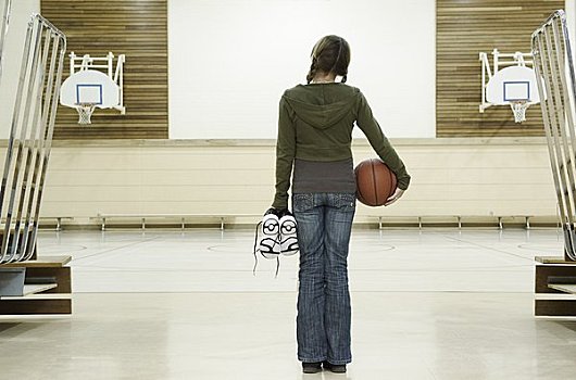 学生,体育馆,拿着,运动鞋,篮球