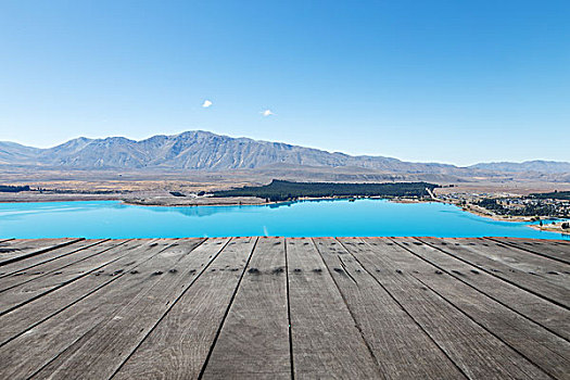 老,木地板,风景,湖,夏天,新西兰