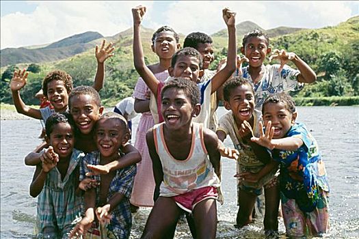 斐济,一群孩子,河,微笑,摄影