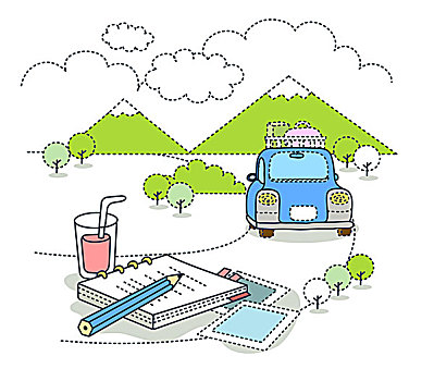 插畫,書本,汽車,山,背景