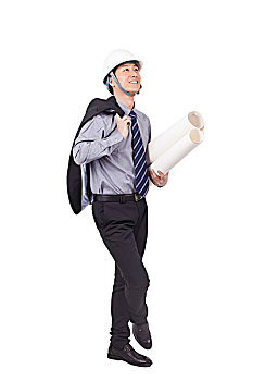 一个戴安全帽手拿蓝图的青年商务男士