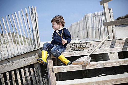 3岁,男孩,钓鱼,网,海滩