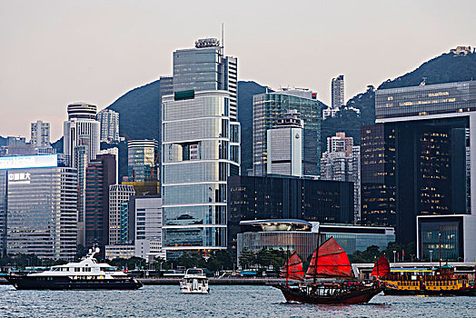 中国,香港,帆船,城市天际线