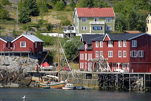 老,帆船,红色,木质,房子,罗弗敦群岛,群岛,挪威,斯堪的纳维亚