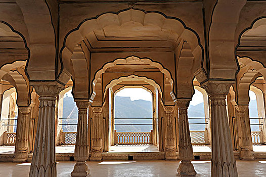 柱廊,琥珀堡,琥珀色,靠近,斋浦尔,拉贾斯坦邦,北印度,印度,南亚,亚洲