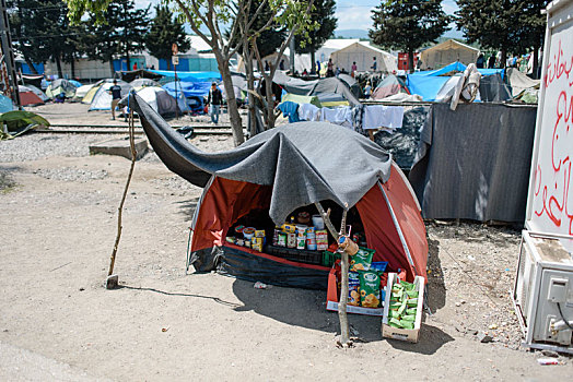 食品店,帐蓬,难民,露营,希腊,边远地区,马其顿,四月