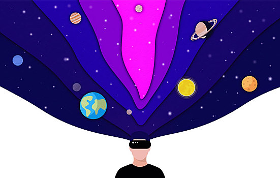 VR和元宇宙的概念男子戴著VR眼鏡觀看太陽(yáng)系