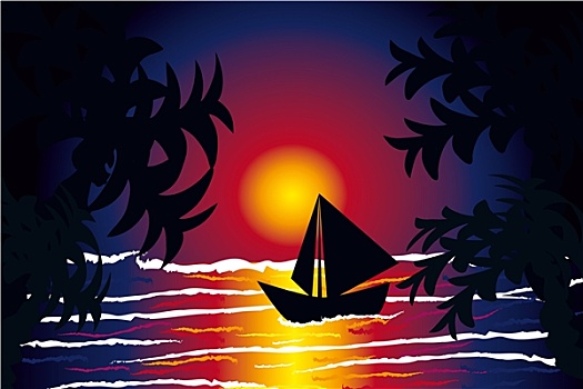 海洋,日落,船,棕榈树