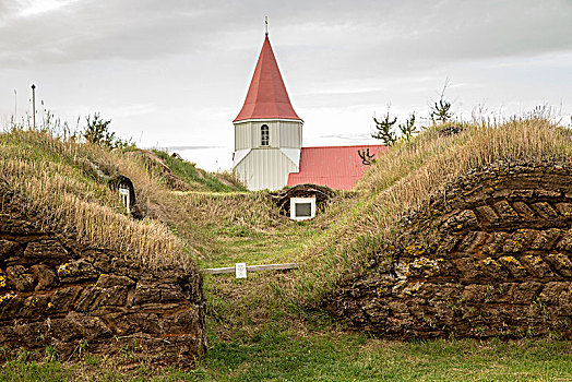 冰岛,草皮,房子,博物馆,教堂,老,小屋,草,屋顶,环路