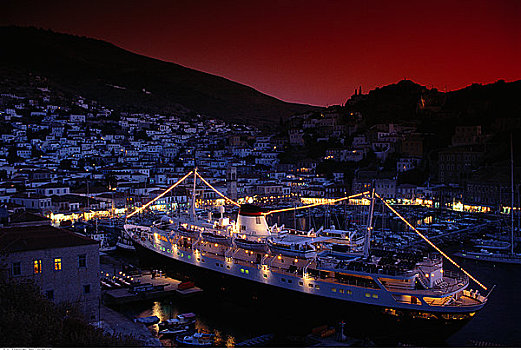 游船,港口,夜晚,伊德拉岛,希腊
